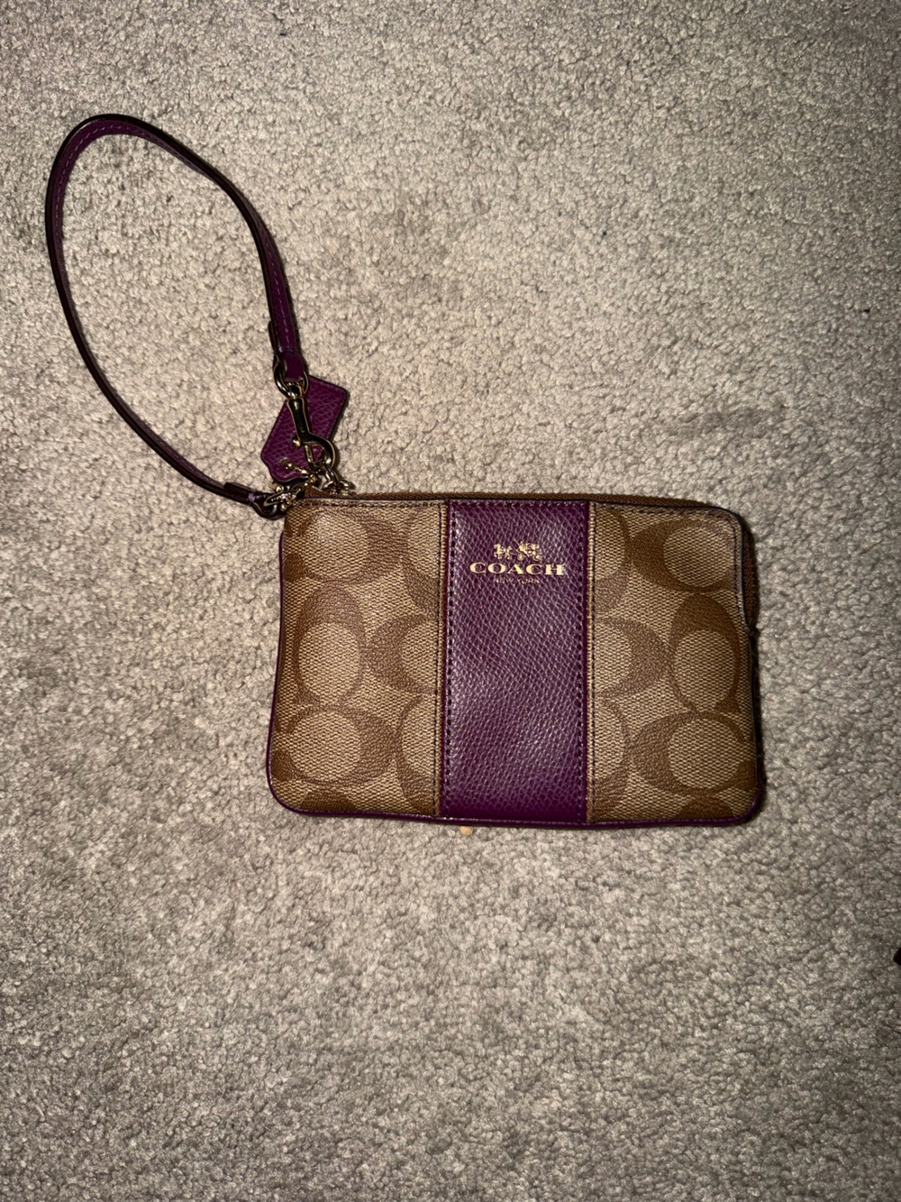 Coach Brown Signature Canvas Wristlet with Plum Leather Trim